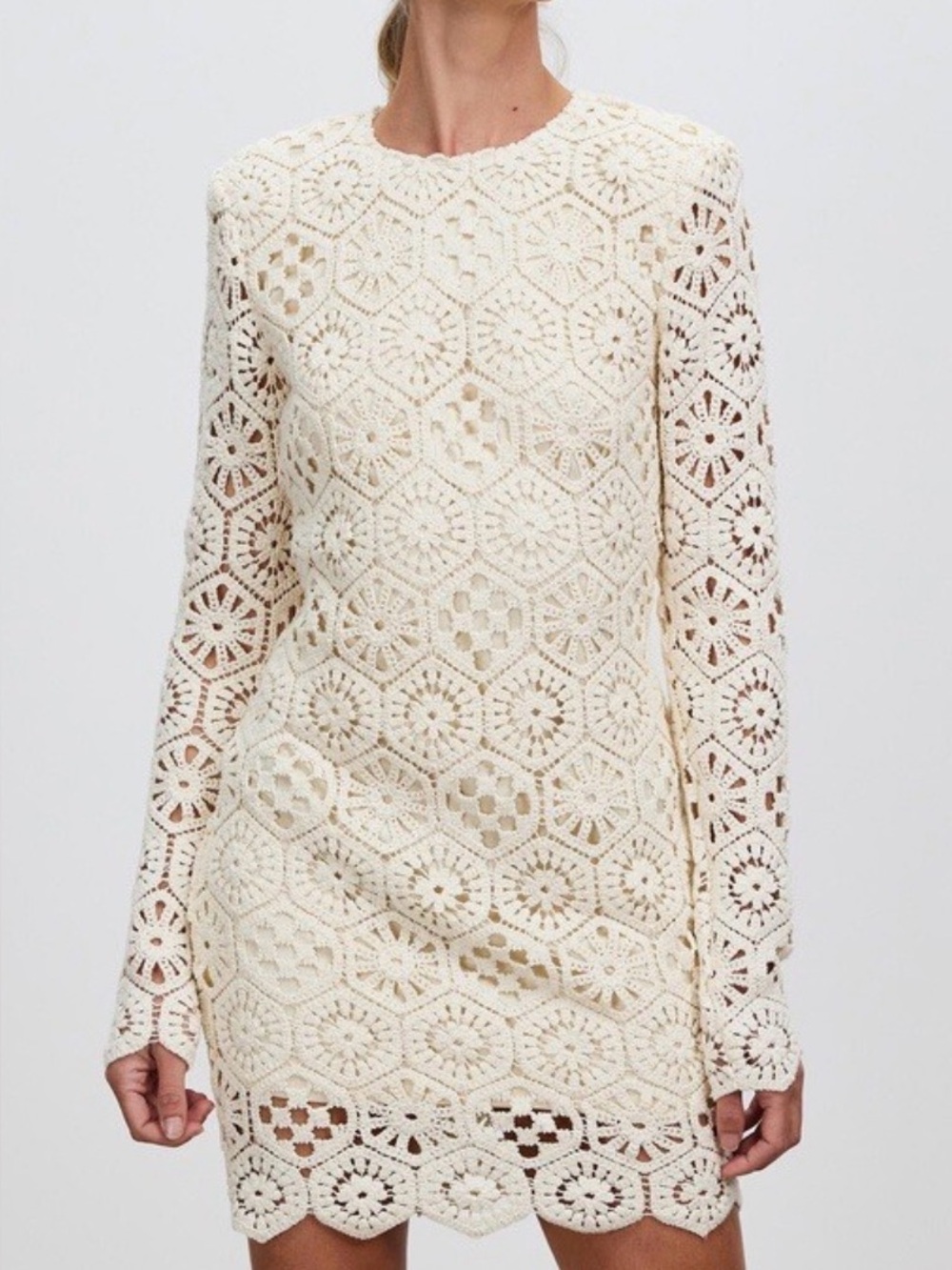Lace Crochet Long-Sleeve Dress - Cream